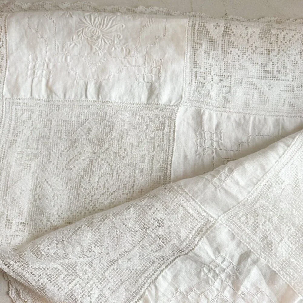 Vintage White Cotton Crochet Lace Embroidered Squares Table Covering Cloth